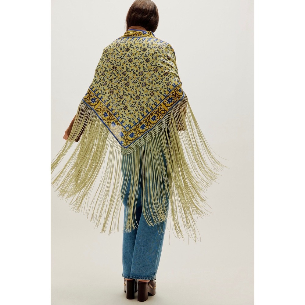 Free People Floral Yellow Print Silk Sarong Fringe Coverup Shawl New